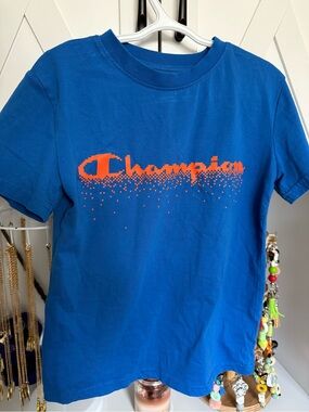 Champion Bright Blue Tee with Orange Pixel Logo